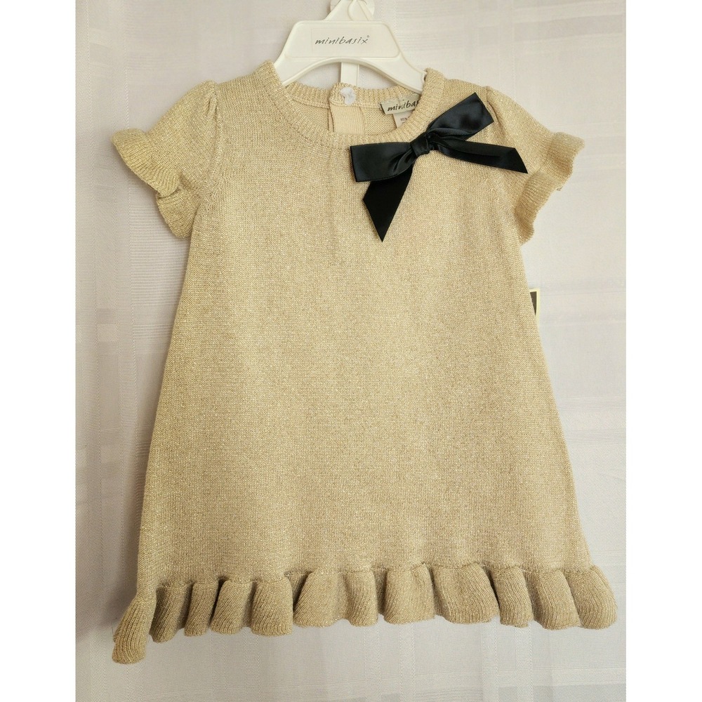 MiniBasix‎ Baby Girl Dress 6M Gold Metallic Knit Bow Ruffle Bottom Bloomer Set